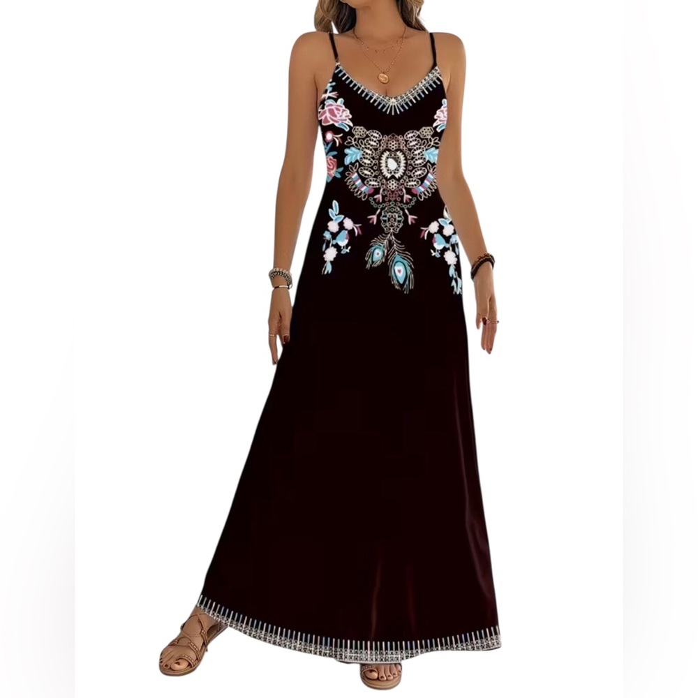 Black Spaghetti Strap V-Neck Maxi Dress with Tribal Print (XXL/14)